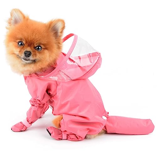 PAIDEFUL Small Dog Full Body Coverage Raincoat Solid Four-Leg Onesie Rain Jacket Waterproof Hoodie Puppy Clothes Button Lightweight Cats Costume, Pink, XXL - color: pink, size: XXL: Chest: 23.6", Back: 17.7"