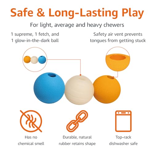 Amazon Basics Interactive Bouncy Durable Rubber Dog Toy Balls, 2.5 inch, Blue, Beige, Orange, Pack of 3 - size: 2.5 inch, style: Assorted Balls (Pack of 3)