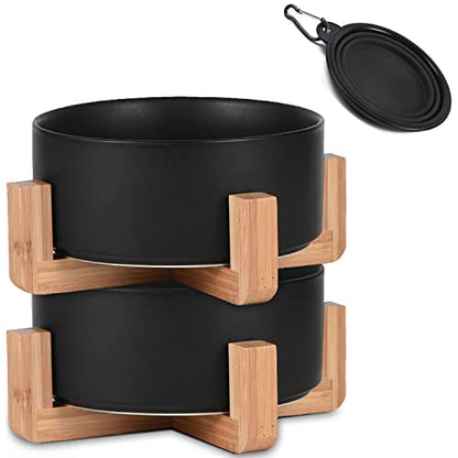Petygooing Ceramic Black Cat Dog Bowl Set with Stand,Pet Food and Water Dish,Medium Pet Bowls Anti-Slip Set of 2 Cat Bowls-Pet Food Dishes- Small Medium Size Dog (28 OZ /3.6 Cups) - color: Black, size: Medium Size Dog Bowls 850ML*2