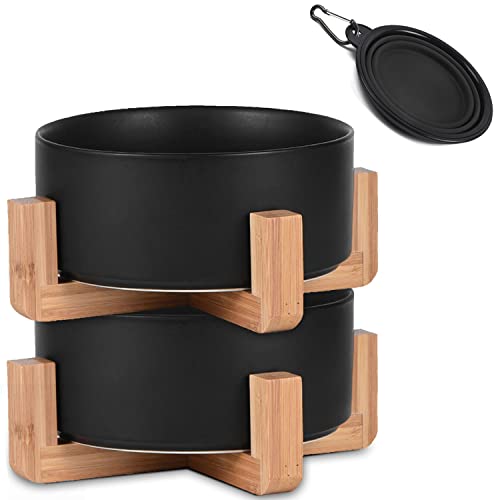 Petygooing Ceramic Black Cat Dog Bowl Set with Stand,Pet Food and Water Dish,Medium Pet Bowls Anti-Slip Set of 2 Cat Bowls-Pet Food Dishes- Small Medium Size Dog (28 OZ /3.6 Cups) - color: Black, size: Medium Size Dog Bowls 850ML*2