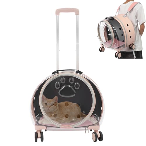 Cat Carrier with Wheels, Breathable Cat Rolling Carrier with Telescopic Handle, Bubble Cat Backpack Carrier, Pet Travel Bag for Small Dogs Pets, up to 19lbs, 15.7" x 10.6" x 17.7" (Pink) - color: Semi-Transparent Pink