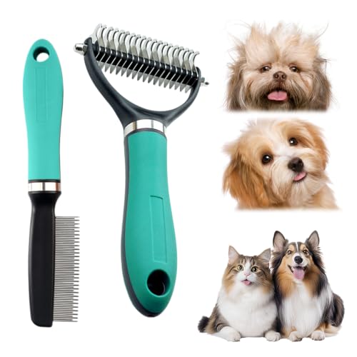 Double Sided Dematting Comb for Dogs Cats, Deshedding Brush Pet Grooming Rake, Rake Pet Brush for Long Hair Dematting Comb Removes Tangles, Extra-Wide Dog Grooming Brush (Blue, 19 Teeth Set) - color: Blue