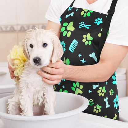 Dog Grooming Waterproof Apron with 2 Pockets, Cute Animals Puppy Dog Pets Apron - style: Gradient Green Dog Paw