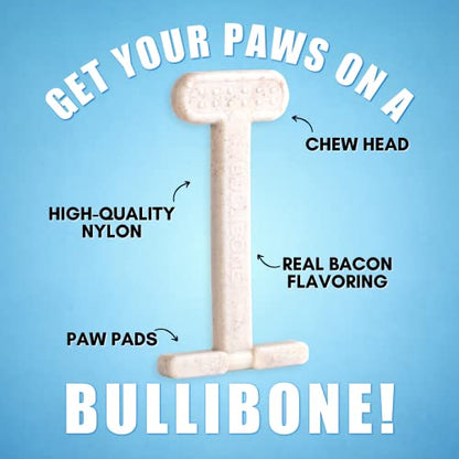 Bullibone Nylon Dog Chew Toy for Aggressive Chewers - Dental Hygiene Bone with Bacon Flavor, Durable Tough Chew Toys for Large Dogs, Indestructible Dog Bone - Single - size: Large - Single
