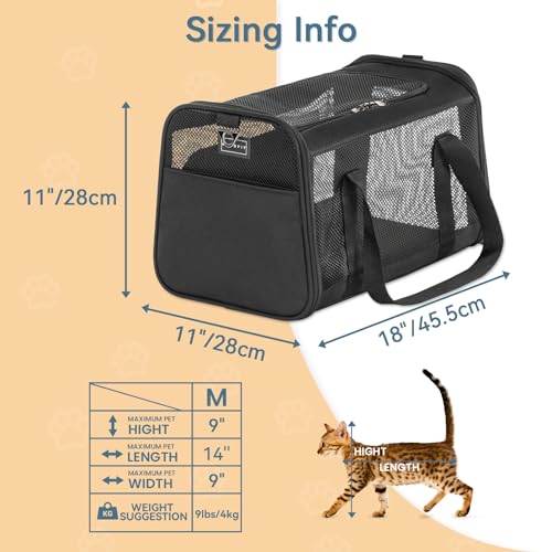 Airline Approved Cat Carrier, Soft-Sided Collapsible Pet Carrier for Travel, 3 Carrying Ways, Lightweight and Ventilation on 5 Sides, Escape Proof, with Soft Fleece Pad - color: Z-Black, size: 18.0"L x 11.0"W x 11.0"H