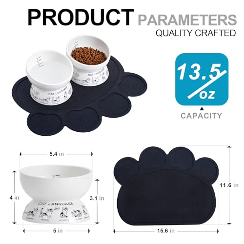 Ceramic Raised Cat Bowls | Tilted Elevated Bowl for Food and Water | Small Dog Bowl With Anti-Slip Silicone Pet Food Mat | 2 Pack Black Set - color: black
