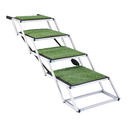 VEVOR Dog Stairs for Car, 4 Steps Extra Wide Foldable Dog Ramp for Large Dogs with Non-Slip Surface, Portable Lightweight Pet Stairs Ladder for Car, SUV, Truck, High Bed, Sofa, Support up to 200 lbs - size: 4 Steps(Grass-like)