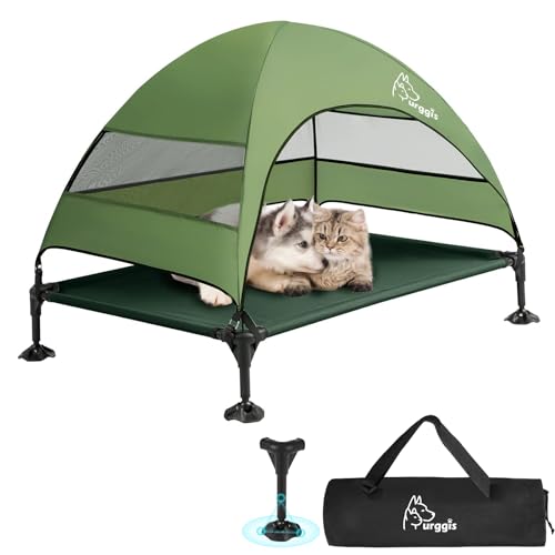 Upgraded Elevated Dog Bed with Canopy, Portable Raised Outdoor Dog Bed with Stable Anti-Slip Feet, Removable Wider Shade, Raised Dogs Cot for Large Pets Camping, Indoor & Outdoor Use - color: Dog Canopy-Green, size: 42.0"L x 30.0"W x 33.0"Th