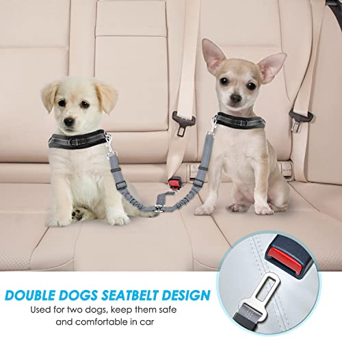SlowTon Dog Seat Belt, Double Dog Seatbelt Adjustable Vehicle Safety Leash with Elastic Bungee Buffer, Reflective No Tangle Y Shape Two Dog Harness Seat Belt Splitter for Pets Car Trip (Grey, S) - color: G.Grey, size: 2 Small in 1