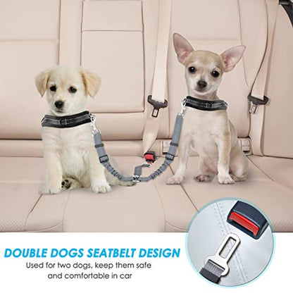 SlowTon Dog Seat Belt, Double Dog Seatbelt Adjustable Vehicle Safety Leash with Elastic Bungee Buffer, Reflective No Tangle Y Shape Two Dog Harness Seat Belt Splitter for Pets Car Trip (Grey, S) - color: G.Grey, size: 2 Small in 1