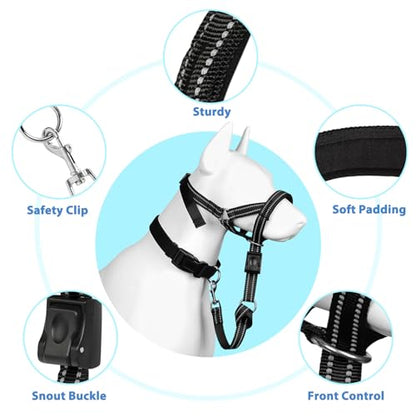 BARKLESS Soft Dog Head Collar, Patented Padded No Pull Head Halter, Training Nose Leash with Safety Link for Medium Large Dogs, Adjustable Muzzle Leash, Easy Control for Walking(Black, L) - size: L (Snout 9.5"-14")