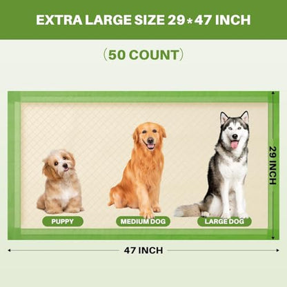 Gardner Pet Dog Pee Pads Extra Large 29"x47", XL Thicker ECO Green Disposable Puppy Training Pads Super Absorbent Full Edge-Wrapping Pad for Dogs, Puppies, Cats, Rabbits (50 Count) - size: 29"x47"-50 Count