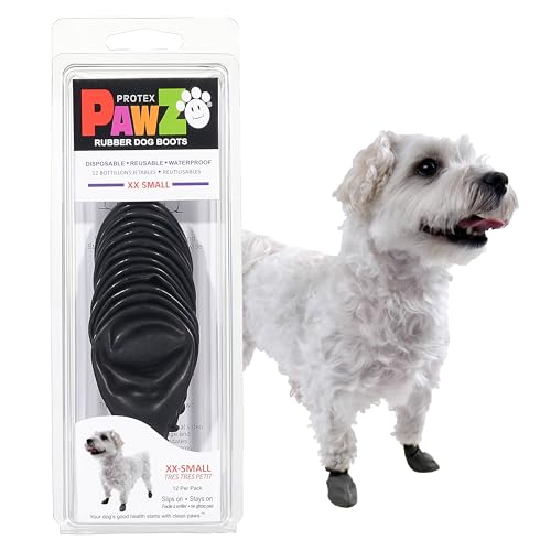 PawZ Rubber Dog Boots for Small Paws - All-Weather Waterproof Dog Shoes, Anti-Slip Traction for Rain, Snow, Mud & Hot Pavement - Pull-On Dog Booties, Black - XX-Small (1"-1.5") - Pack of 12 - size: XXS