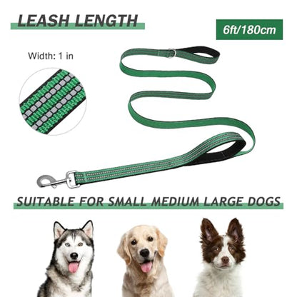 Hikiko 6 FT Heavy Duty Dog Leash with 2 Padded Handles Reflective Nylon Double Handle Dog Leash, Green - color: Green, size: 1 in x 6 ft