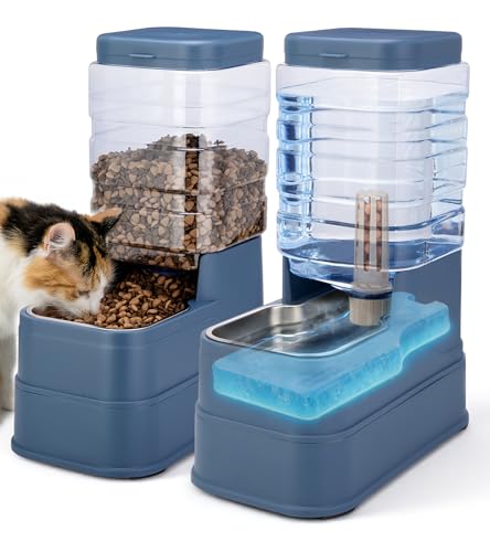 2 Pack Automatic Cat Feeder and Water Dispenser 1.3Gallon Dog Gravity Food Feeder and Water with Ice Pack Stainless Steel Dry Food and Waterer Bowl for Small Medium Large Pets (Blue) - color: Blue