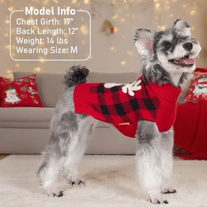 KYEESE Dog Christmas Sweater with Reindeer Pattern, Red Buffalo Plaid Knitwear, Turtleneck Dog Sweater for Small Dogs with Leash Hole, Cozy Winter Holiday Outfit, Warm Soft Pet Clothes, Medium - color: 3#Christmas, size: Medium (7-11lbs)
