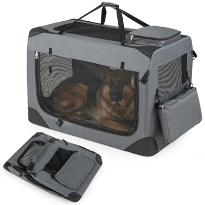Giantex Folding Soft Dog Crate, 36 Inch Foldable Portable Dog Kennel for Large Dogs up to 70 lbs, Collapsible Soft-Sided Pet Travel Crate with 5-Sided Mesh, 3 Doors, Washable Mat & Storage Pockets - size: 36.0"L x 25.0"W x 25.0"H