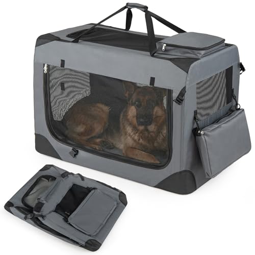 Giantex Folding Soft Dog Crate, 36 Inch Foldable Portable Dog Kennel for Large Dogs up to 70 lbs, Collapsible Soft-Sided Pet Travel Crate with 5-Sided Mesh, 3 Doors, Washable Mat & Storage Pockets - size: 36.0"L x 25.0"W x 25.0"H