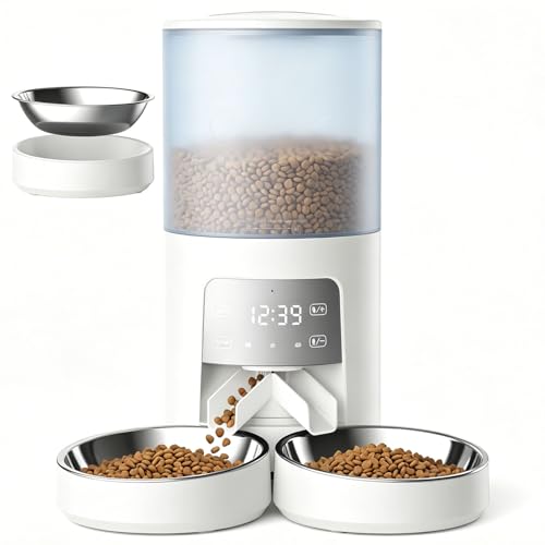 Sweetcrispy Automatic Cat Feeder for 2 Cats, 6L/25.3 Cups Automatic Pet Feeder with 2 Stainless Bowls, 6 Meals/Day, 50 Portions/Meal, Cat Food Dispenser with Dual Power Supply, 10s Meal Call, White - color: White, size: 6L - Dual Bowls