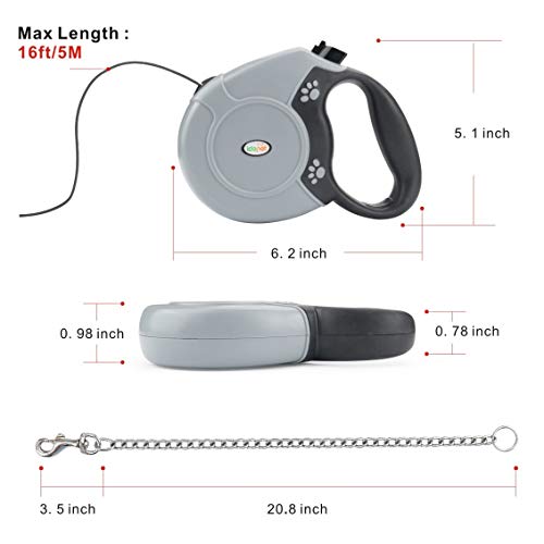 Idepet Heavy Duty Retractable Dog Leash for Small and Medium Dogs, Anti-Chewing Steel Chain Design,360 DegreeTangle-Free,Break and Lock System,16ft Leash Dog Walking (Round Rope) - color: Grey