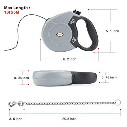 Idepet Heavy Duty Retractable Dog Leash for Small and Medium Dogs, Anti-Chewing Steel Chain Design,360 DegreeTangle-Free,Break and Lock System,16ft Leash Dog Walking (Round Rope) - color: Grey
