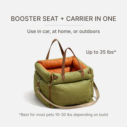Dog Booster Car Seat for Small Dogs, Stable Non-Slip Design Up to 35 lbs, Water-Resistant PU Travel Carrier with Headrest Straps, Built-in Tether & Storage — Orange/Green