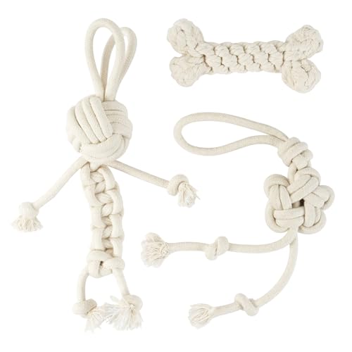 3 Pack Cotton Rope Dog Toy Set, Indestructible Chew Toys for Aggressive Chewers, Puppy Teething Toys with Bone, Human & Chinese Knot Designs for Boredom Relief & Tug of War， White - style: White suit（3 pack）