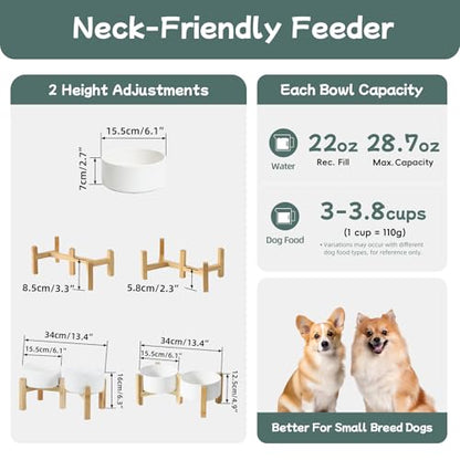 Havniva 6.1” Dog Bowls Elevated Ceramic Dog Food and Water Bowl Set, Double Raised Dog Water Bowl with Stand Non-Slip Rubber Base Two Heights Large Capacity Feeding Pet Food Bowl for Small Dogs - color: Matte White - 2 Bowls+Stand, size: 6.1 Inch