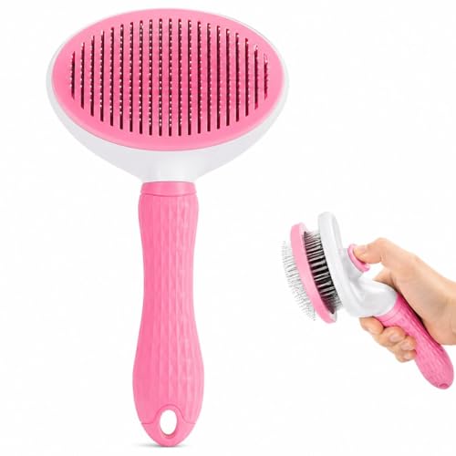 Pet Grooming Deshedding Brush, Self-Cleaning Massaging Brush for Dogs and Cats, Short and Long Hair (Pink) - color: Pink