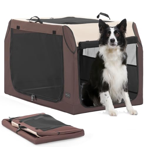 PETSFIT Portable Dog Crate, Soft Sided Dog Crate - 36 Inch Sturdy Adjustable Structure, Easy to Set Up, Collapsible Dog Car Kennel, Light Tough with 3 Mesh Doors Brown - color: Brown, size: 36.0"L x 24.0"W x 23.0"H