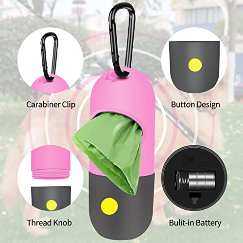 2 Pack Dog Poop Bag Dispenser with Built-in LED Flashlight, Pet Waste Bag Holder for Leash with Carabiner Clip for Lead Leash, 2 Rolls Leak-proof Doggy Waste Bags for Dog Walking, Pink, Eliamo - color: Pink