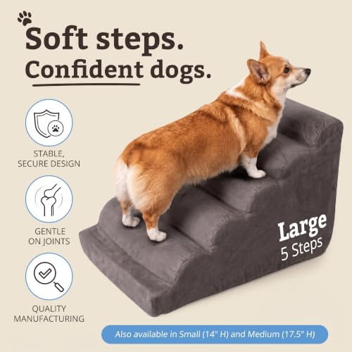 Snoozer Scalloped Pet Stairs for Dogs - Large Foam 5 Step Pet Stairs with Removable, Washable Cover - Secure & Durable 21" H - Lightweight Pet Ramp with 100lbs Capacity - Anthracite