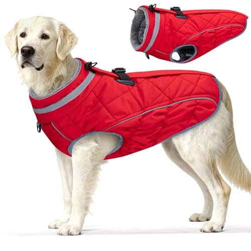 Dog Coat, Warm Dog Winter Coat for Large Dogs, Waterproof Jacket with Harness Built in, Reflective Turtleneck Cold Weather Coats with Zipper,Pet Fleece Vest Snow Jacket, Red L - color: Red, size: L