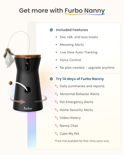 Furbo 360° Cat Camera: Basic See, Talk & Toss Features, No AI Alerts, No Subscription Required, Pet Security Cam w/Meowing Alerts, Rotating View, Treat Toss, 2-Way Audio, Smart Home Kitty Monitoring - style: Cat 360° Camera