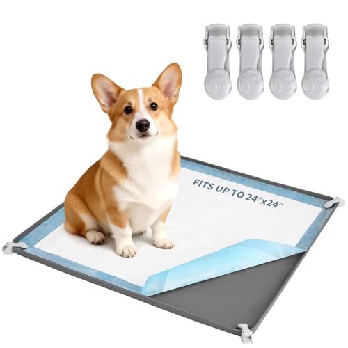 Pee Pad Holder for Dogs 24" x 24", Silicone Potty Tray with 4 Holder Clamps, High Edge No-Spill Dog Training Mat, Non-Slip Puppy Pad Tray Floor Protection for Indoor Use - Gray - size: 24"L x 24"W
