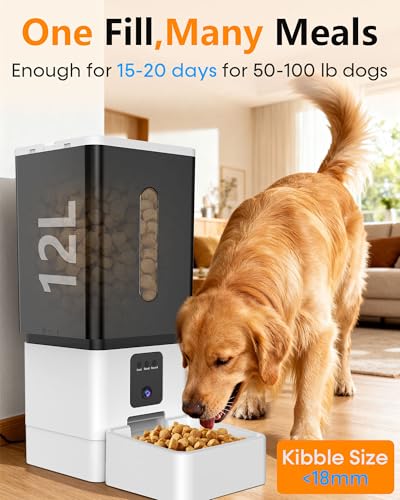 Large Breed Automatic Dog Feeder with 1080P HD Camera: 12L/50 Cups 20-Day Food Capacity for Busy Pet Owners - Anti-Clog 0.78inch Wide Outlet for Large Kibble - size: 12L for Large Dogs