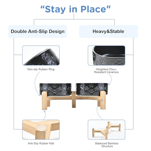 SPUNKYJUNKY Elevated Dog Bowls Ceramic, 5.1'' Dogs and Cat Food Water Bowls Raised with Non-Slip Bamboo Stand for Puppy Small Sized Breed Microwave Dishwasher Safe - 13.5 OZ,Paw Black - color: Paw Black, size: 5.1 in - 1.7 cups