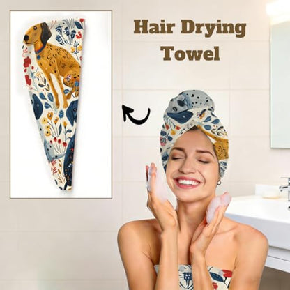 Dogs Flowers Microfiber Bathrobe and Hair Towel Wrap Set for Women Quick Dry Shower Towels Wrap Absorbent Soft Bath Robe and Hair Drying Cap for Spa After Shower