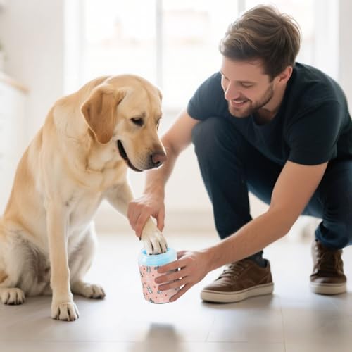 Cute Animals Puppies Pink Pattern Dog Paw Cleaner Cup with Soft Silicone Brush, Small Portable Lightweight Muddy Paw Washer for Dogs, Easy to Use Pet Foot Cleaner