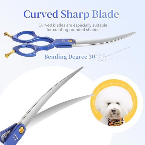 6.5'' Small Curved Dog Grooming Scissors Blue Professional Trimming Shears with Ultra-Lightweight Offset Handle CNC 440C Stainless Steel Blades Pet Scissors for Face and Paws - color: Blue Curved