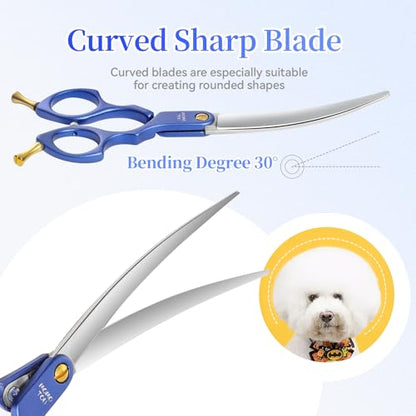6.5'' Small Curved Dog Grooming Scissors Blue Professional Trimming Shears with Ultra-Lightweight Offset Handle CNC 440C Stainless Steel Blades Pet Scissors for Face and Paws - color: Blue Curved