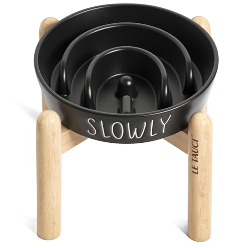 LE TAUCI PET Ceramic Slow Feeder Bowl Elevated - 1.5 Cup with Wood Stand for Small & Medium Breed, Anti-Gulping, Black - color: Black+Stand, size: M-1.5 Cups