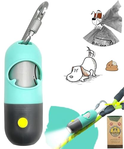 Dog Poop Bag Holder Dispenser with LED Flashlight - Night Visibility for Safe Evening Walks | Upgraded Hands-Free Leash Clip | Includes 15 Dog Waste Bags(Green) - color: Green