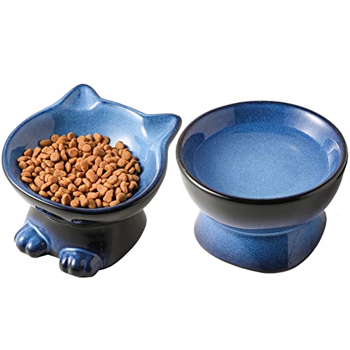 Nihow Elevated Cat Bowls,5 Inch Ceramic Raised Cat Food and Water Bowl Set | Slanted,Whisker Friendly,for Protecting Pet's Spine,Microwave & Dishwasher Safe ,Elegant Blue & Black 4.5 OZ, Set of 2 - color: Blue & Black, size: 4.5 OZ+8 OZ