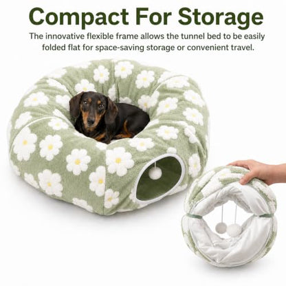 SnugTail Dachshund Tunnel Bed, Flower Design Plush Foldable Dog Cave Bed for Anti-Anxiety, Washable Covered Bed for Miniature Dachshunds, Puppies, Cats, Self-Warming Mat