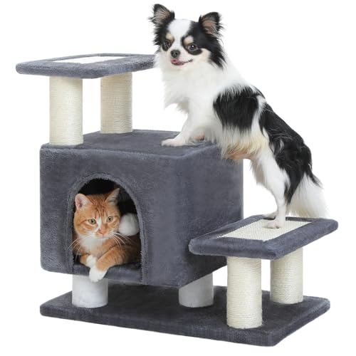 3-in-1 Dog Stairs & Cat Scratching Post with Condo, Pet Steps for High Bed, Sofa, Couch, Tall Cat Tower, High-Strength Board for Indoor Small Cats Kittens Dogs Climbing Playing, 3 Steps-Dark Grey - color: Dark Grey