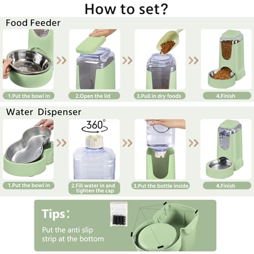 2 Pack Automatic Cat Feeder and Stainless Steel Water Dispenser, Gravity Dog Waterer Set Food Feeder and Waterer Set for Small Medium Kitten Puppy Pets(1 Gallon x 2, Green) - color: 1 Gallon x 2 - Green