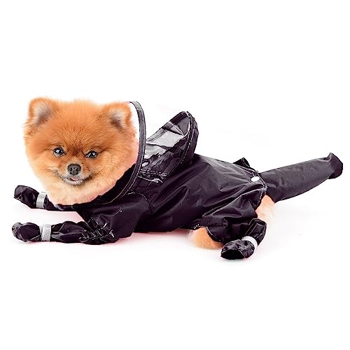 PAIDEFUL Small Dog Full Body Coverage Raincoat Solid Four-Leg Onesie Rain Jacket Waterproof Hoodie Puppy Clothes Button Lightweight Cats Costume, Black, S - color: black, size: S: Chest: 13.8", Back: 10.6"