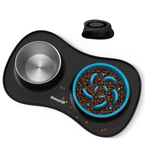 MateeyLife Dog Food and Water Bowl Set 3 in 1, Slow Feeder Dog Bowls & Stainless Steel Water Bowl with Non-Spill Silicone Mat, Cat and Puppy Bowls Pet Dishes for Small Medium Large Breed Anti-Choking - color: Black, size: Medium