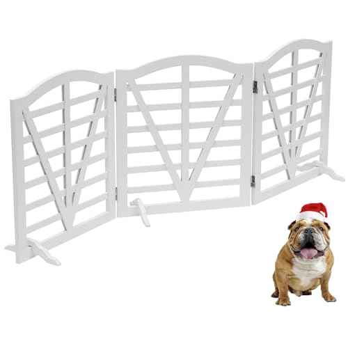 Wooden Dog Gate Freestanding Pet Gate Foldable Pet Gate for Dogs,Indoor Dog Fences with 3Foot Supportershite,3Pane 23.6" Height-White.